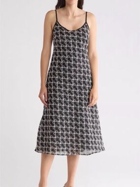 Lisa Says Gah Sofia Dress Bow Pattern Black White Embroidered Slip Midi M/L